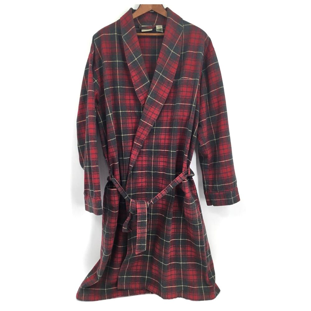 L.L.Bean Men’s Scotch Plaid Flannel Robe Medium Red Tartan Cotton